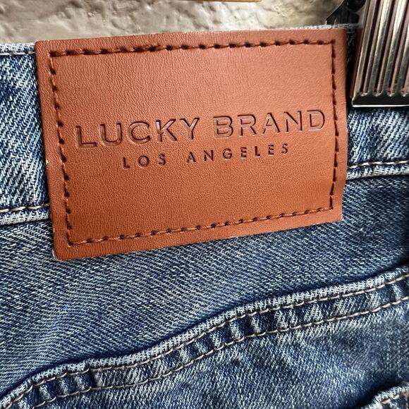 LUCKY BRAND High Rise Mom Jeans Drew Blue Sz 10/30 Raw Hem Exposed Buttons Ankle - Picture 6 of 11
